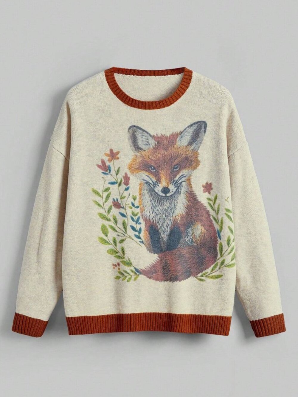Sz XL Drop Shoulder Long Sleeve Boxy Fit Fox Print Pullover Sweater Pullover